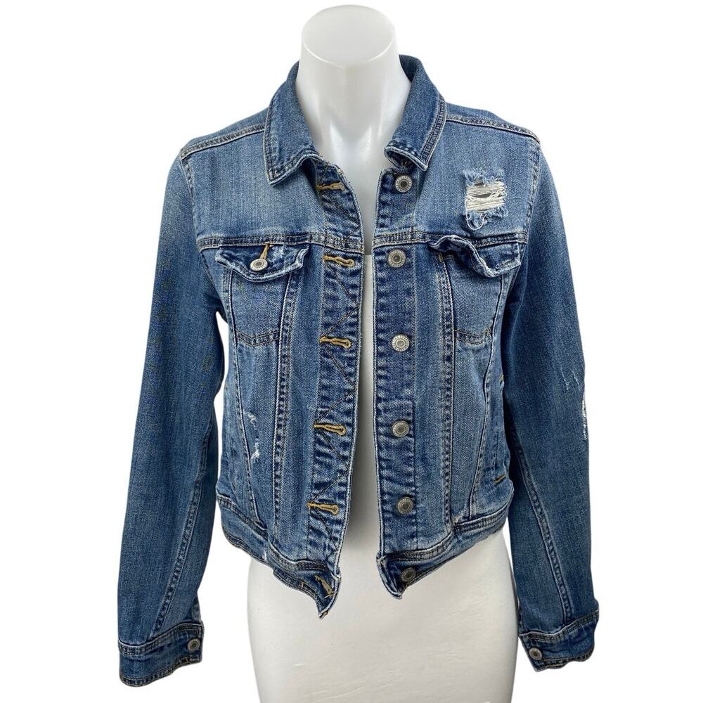 Mossimo Blue Button Down Long Sleeve Distressed Cropped Denim Jeans Jacket Sz XS